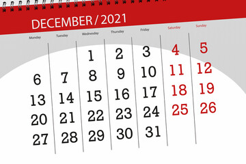 Calendar planner for the month december 2021, deadline day