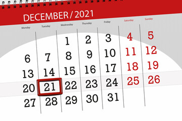 Calendar planner for the month december 2021, deadline day, 21, tuesday