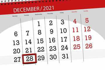 Calendar planner for the month december 2021, deadline day, 28, tuesday