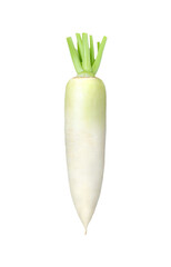 White Daikon radish with green leaf isolated on white background. 