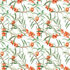 Seamless pattern with sea buckthorn berries and leaves. Watercolor botanical illustration.