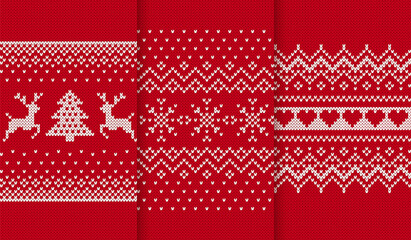 Knit seamless pattern. Christmas red textures. Set knitted frames. Fair isle traditional ornament. Xmas print. Holiday background. Festive sweater border. Vector illustration.