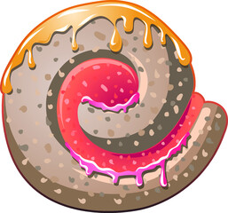 The letter E is stylized as a sweet roll. Delicious dessert, sweets, sponge cake and cream. A bright cake.