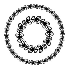 a set of a wreath of leaves with an empty space inside for text. a set of isolated round frames made of twigs with rounded leaves with a black dot inside a hand-drawn black line in the style of a dood