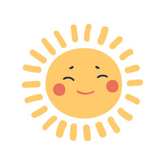 Cute sun with face and smile, funny childish character. Cartoon vector illustration isolated on white background.