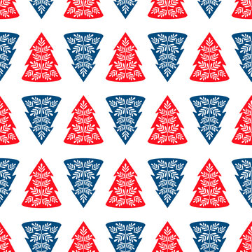 Christmas folk art ornament. Vector seamless pattern with branches tree. Scandinavian collection. Fabric textile print