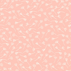 Seamless pattern with hand drawn meadow flowers in Boho style. Wildflowers illustrations on pink background for surface design and other design projects