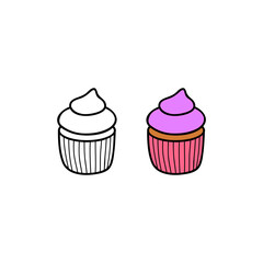 Hand drawn colored and outline cupcake.