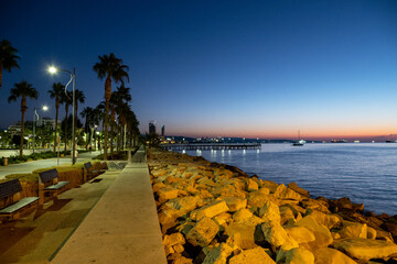 Night view of the waterfront and promenade in Limassol, Cyprus