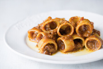 calamarata pasta in bolognese ragu meat sauce