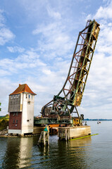 Fototapeta premium The Lindaunis Bridge is a bascule bridge crossing the Schlei, an inlet of the Baltic Sea in Schleswig-Holstein, at one of its narrowest parts