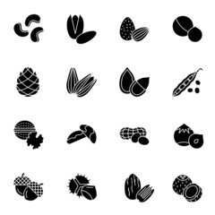 Nuts, Seeds and Beans black solid icons set 1 with white background.