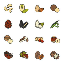Nuts, Seeds and Beans icons set 1 with white background. Colored Thin Line Style Stroke vector.