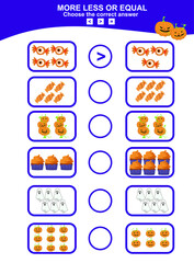 Math educational game for children. Choose more, less or equal game. Halloween math theme game.  Educational printable math worksheet. Vector illustration in cartoon style.