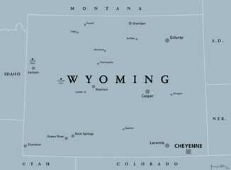 Wyoming, WY, gray political map, with the capital Cheyenne. State in the Mountain West subregion of the Western United States of America, nicknamed Equality State, Cowboy State and Big Wyoming. Vector