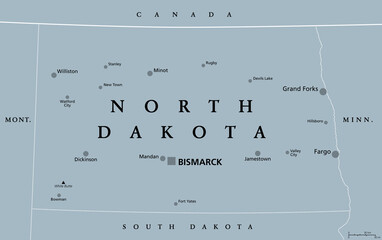 North Dakota, ND, gray political map, with capital Bismarck. State in the upper Midwest subregion of United States of America nicknamed Peace Garden State, Roughrider State and Heaven on Earth. Vector