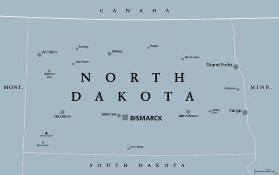 North Dakota, ND, Gray Political Map, With Capital Bismarck. State In The Upper Midwest Subregion Of United States Of America Nicknamed Peace Garden State, Roughrider State And Heaven On Earth. Vector