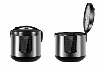 Automatic multicooker and pressure cooker with open and closed lid, isolated on white. Contemporary stainless steel. Saute and double boiler. Electrical appliances kitchen. Realistic 3d vector