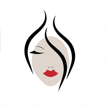 Minimal portrait of girl with black hair. Logo for  barber. Stylish hairstyle
