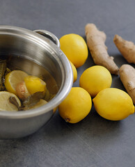lemon, mint and ginger boiled in a pot, mint and lemon for flu and cold,