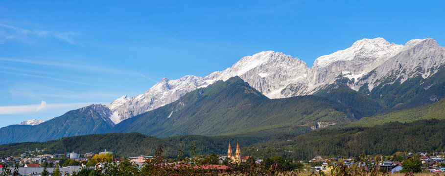 Telfs village with mountains in the background