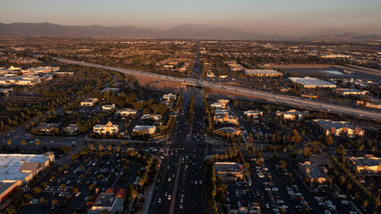 Fototapeta na wymiar Sunset aerial view of the urban core of downtown Rancho Cucamonga, California, USA.