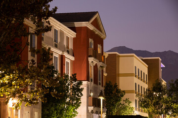 Sunset view of the urban core of downtown Rancho Cucamonga, California, USA.