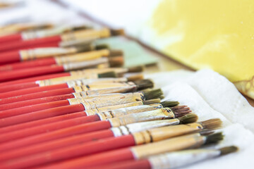 A set of red brushes for painting, close-up.