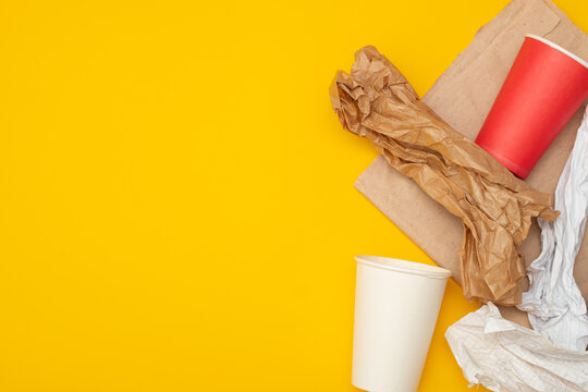 Eco-friendly disposable packaging, waste recycling concept, paper and cardboard waste, rubish sort and plastic free lifestyle. Copy space.
