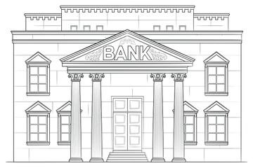 Drawing of classic bank building - black and white illustration