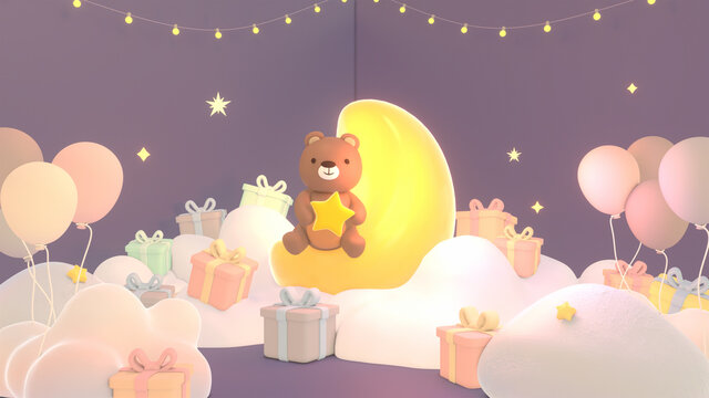 3d rendered cartoon cute bear holding a yellow star sitting on a yellow crescent moon chair surrounded by gifts and balloons. Good night and sleep tight lullaby theme.