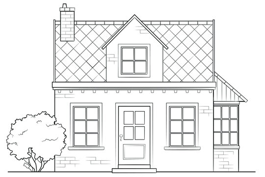 Drawing of classic family house - black and white illustration