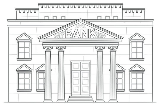 Drawing of classic bank building - black and white illustration
