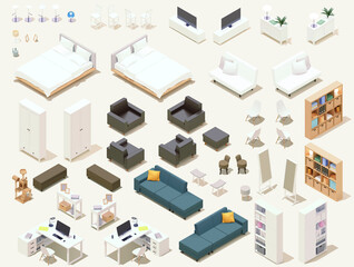 Vector isometric home furniture set. Domestic and office furniture and equipment. Sofas, chairs, tables, lamps, cabinets, beds and stools - obrazy, fototapety, plakaty