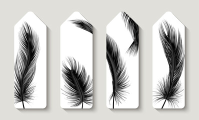 Bookmarks with feathers. Bookstore label or flyer. Vector illustration. - obrazy, fototapety, plakaty