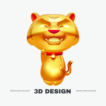 3D gold asian tiger. Happy chinses new year design. Lucky Cat Maneki Neko traditional symbol of fortune