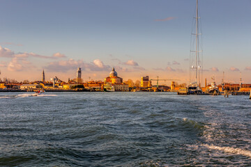 Venice city skyline from boat, view of Basilica of San Pietro di Castello, Venice, Italy