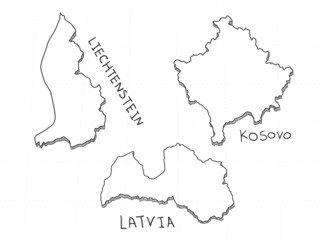 3 Europe 3D Map is composed Kosovo, Latvia and Liechtenstein. All hand drawn on white background.