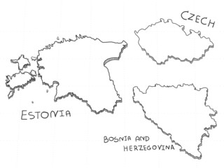 3 Europe 3D Map is composed Bosnia and Herzegovina, Estonia and Czech Republic. All hand drawn on white background.