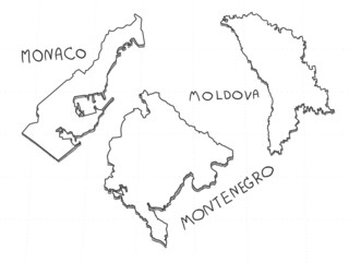 3 Europe 3D Map is composed Monaco, Montenegro and Moldova. All hand drawn on white background.