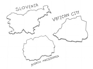 3 Europe 3D Map is composed of North Macedonia, Vatican City and Slovenia. All hand drawn on white background.