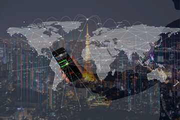 Internet of Things over Tokyo city. Modern cityscape and communication network concept. Telecommunication. Information communication Technology for Olympic game and business. 5G. Smart city..