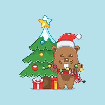 Cute beaver holding lamp in christmas day. Cute animal christmas cartoon illustration. Vector isolated flat illustration for poster, brochure, web, mascot, sticker, logo, icon, etc. 