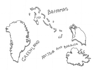 3 America 3D Map is composed Antigua and Barbuda, Bahamas and Greenland. All hand drawn on white background.