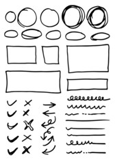 Doodle vector lines and curves.Hand drawn check and arrows signs. Set of simple doodle lines, curves, frames and spots. Collection of pencil effects. Doodle border. Simple doodle set.