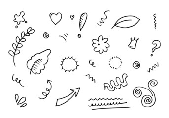 leaves, hearts, abstract, ribbons, arrows and other elements in hand drawn styles for concept designs. Doodle illustration. Vector template for decoration