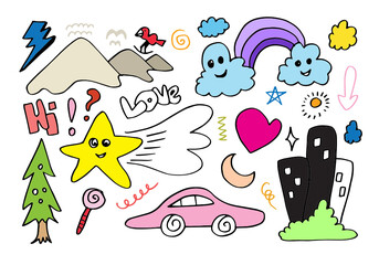 hand-drawn colorful doodle set on white background.