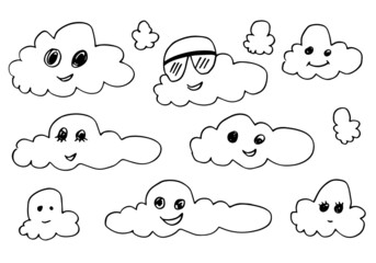 Kawaii weather forecast icons. Funny hand drawn vector clouds.Vector illustration.
