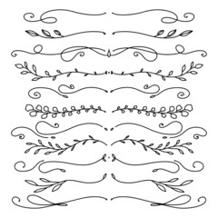 Set of decorative calligraphic elements for docoration. Floral branches. Doodle style