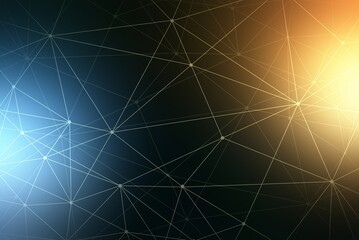 Plexus net 3d render on black empty background decorated blue and yellow lights. Cosmic technology abstract template. Polygonal simple pattern. 